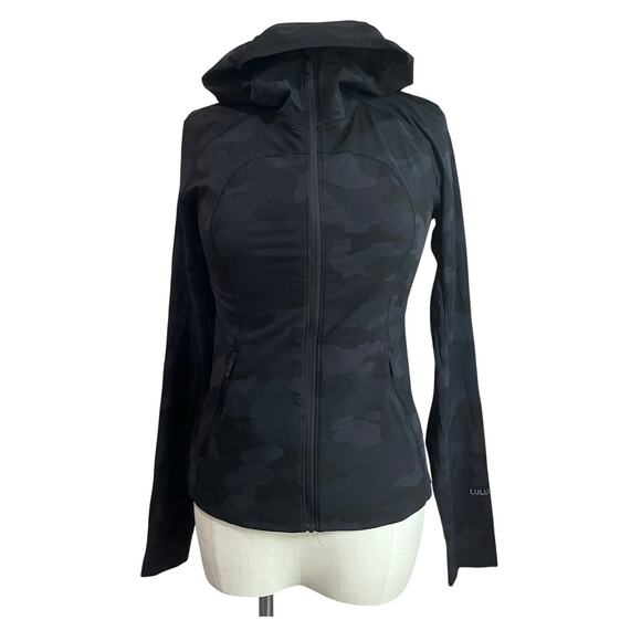 Lululemon Camo Hooded Windbreaker Jacket Black Gray Zip Up Lightweight Sz 4 - Picture 1 of 9